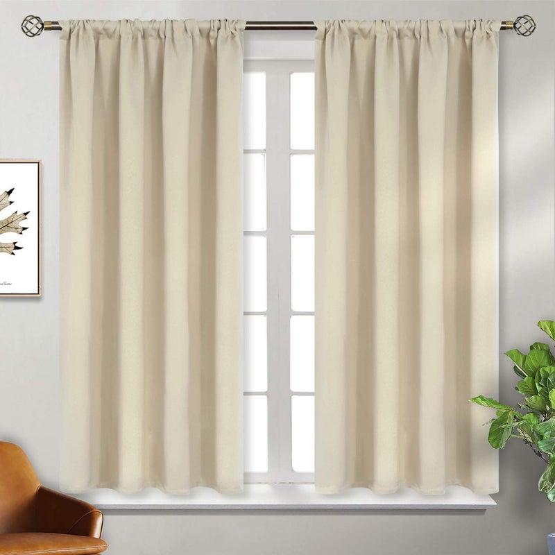 BGment Beige Blackout Curtains 45 Inches Long 2 Panels for Bedroom - Short Thermal Insulated Drapes with Rod Pocket Room Darkening Privacy for Kitchen Bathroom Window, 42 x 45 Inch - Image 1